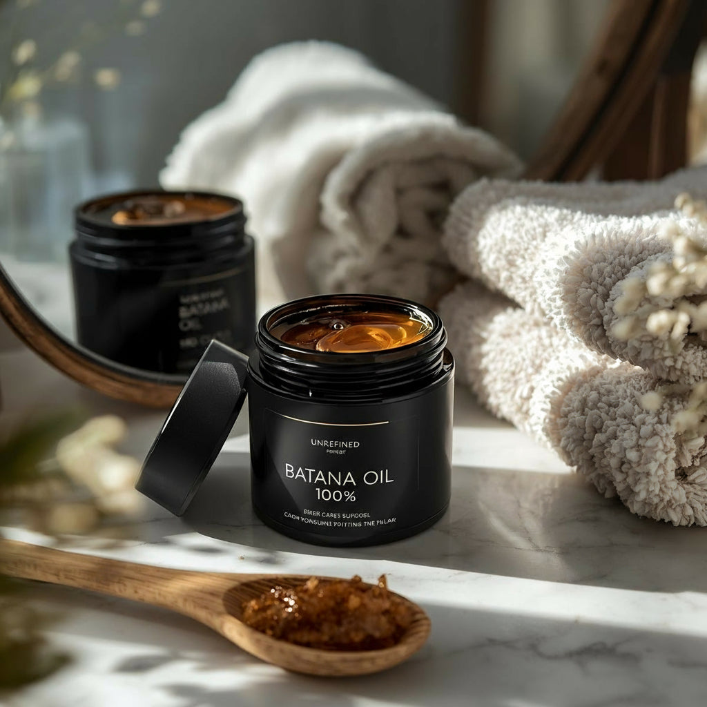 Jar of banana oil with a wooden spoon on a marble surface, surrounded by towels and a mirror.